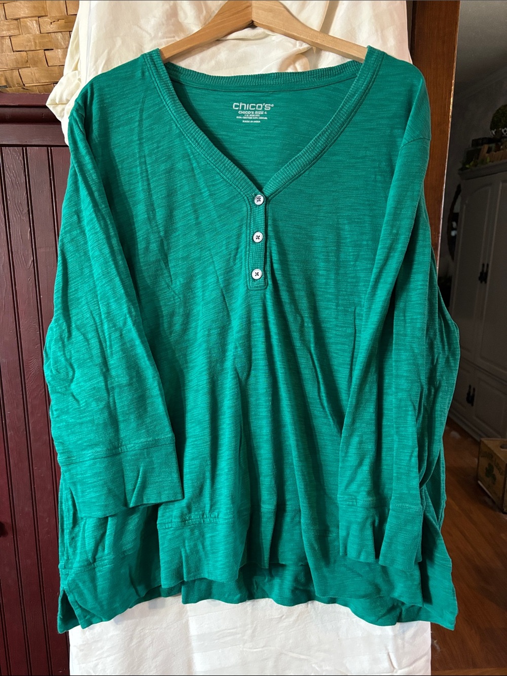 Chico's Teal Green V-Neck Henley Long Sleeve Top
